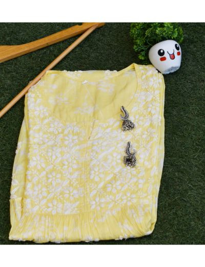 Chhangamal Hand Embroidered Womens Leamon Yellow Colour Cotton Chikankari Kurti