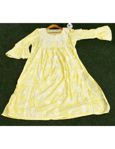 Chhangamal Hand Embroidered Womens Leamon Yellow Colour Cotton Chikankari Kurti
