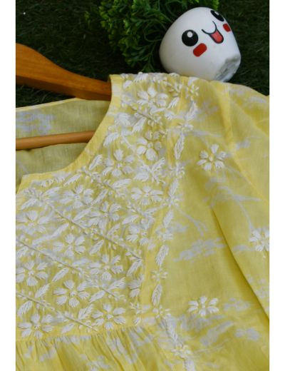 Chhangamal Hand Embroidered Womens Leamon Yellow Colour Cotton Chikankari Kurti