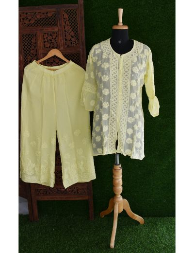 Chhangamal Hand Embroidered Womens Leamon Yellow Colour Pure Georgette Chikankari Kurta Set