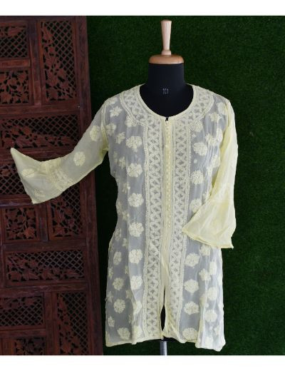 Chhangamal Hand Embroidered Womens Leamon Yellow Colour Pure Georgette Chikankari Kurta Set