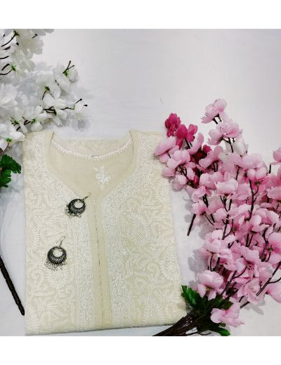 Chhangamal Hand Embroidered Womens Light Beige Colour Cotten Chikankari Kurti