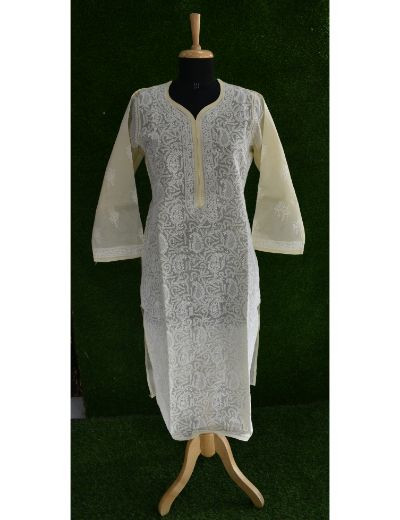Chhangamal Hand Embroidered Womens Light Beige Colour Cotten Chikankari Kurti