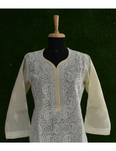 Chhangamal Hand Embroidered Womens Light Beige Colour Cotten Chikankari Kurti
