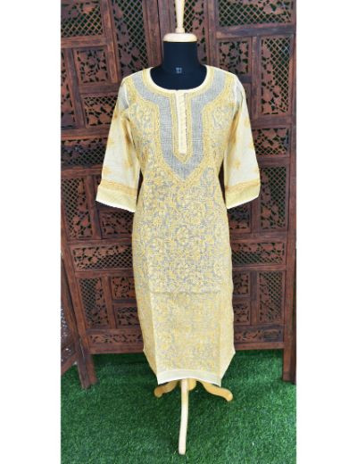 Chhangamal Hand Embroidered Womens Light Mustard Yellow Colour Kota Chikankari Kurti