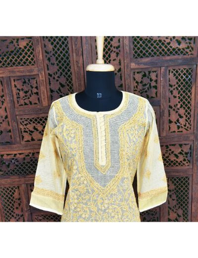 Chhangamal Hand Embroidered Womens Light Mustard Yellow Colour Kota Chikankari Kurti