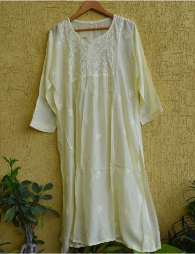 Chhangamal Hand Embroidered Womens Light Yellow Colour Chanderi Chikankari Kurta set