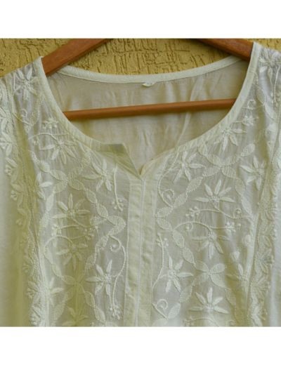 Chhangamal Hand Embroidered Womens Light Yellow Colour Chanderi Chikankari Kurta set