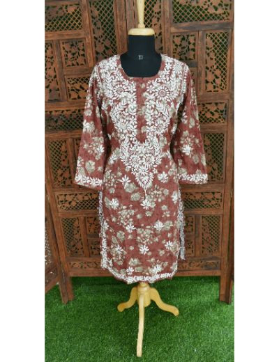 Chhangamal Hand Embroidered Womens Maroon Colour Cotton Printed Chikankari Kurti
