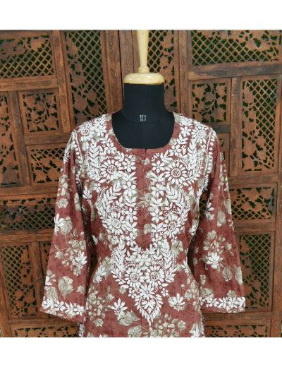 Chhangamal Hand Embroidered Womens Maroon Colour Cotton Printed Chikankari Kurti