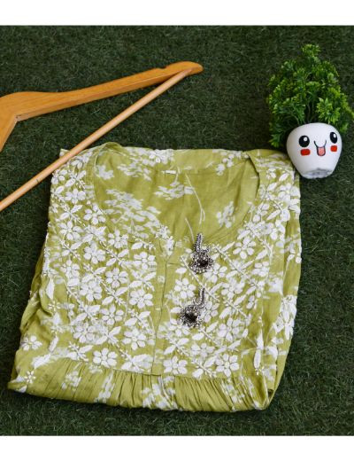 Chhangamal Hand Embroidered Womens Olive Green Colour Cotton Chikankari Kurti