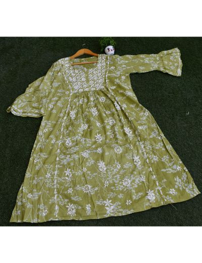 Chhangamal Hand Embroidered Womens Olive Green Colour Cotton Chikankari Kurti