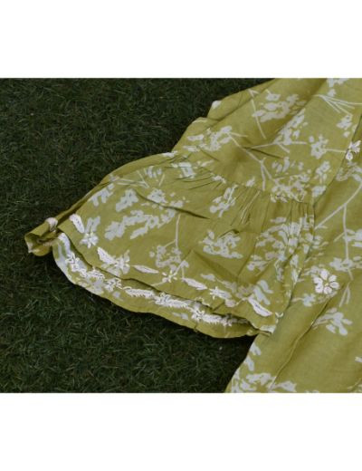 Chhangamal Hand Embroidered Womens Olive Green Colour Cotton Chikankari Kurti