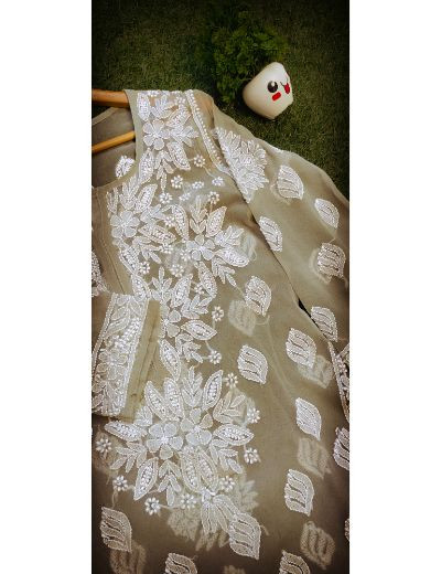 Chhangamal Hand Embroidered Womens Olive Green Colour Faux Georgette Chikankari Kurti