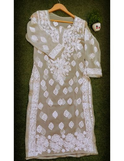 Chhangamal Hand Embroidered Womens Olive Green Colour Faux Georgette Chikankari Kurti