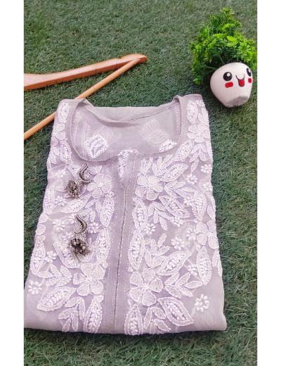 Chhangamal Hand Embroidered Womens Olive Green Colour Faux Georgette Chikankari Kurti