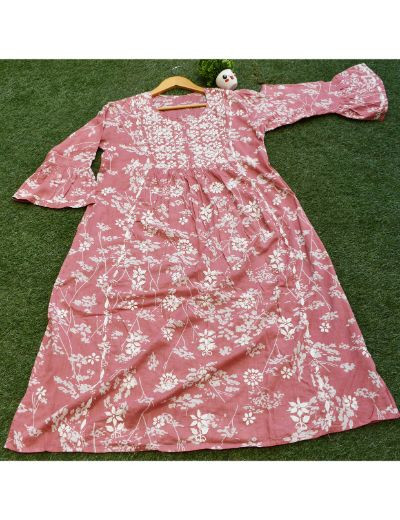 Chhangamal Hand Embroidered Womens Onion Pink Colour Cotton Chikankari Kurti