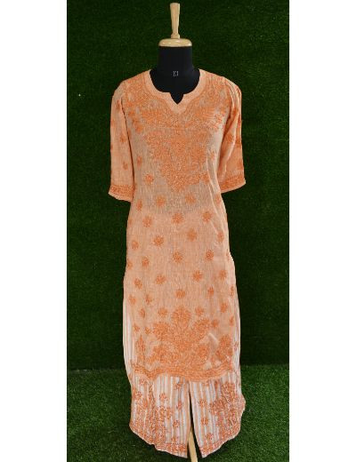 Chhangamal Hand Embroidered Womens Orange Colour Cotton Chikankari Kurta set