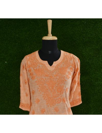 Chhangamal Hand Embroidered Womens Orange Colour Cotton Chikankari Kurta set
