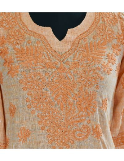 Chhangamal Hand Embroidered Womens Orange Colour Cotton Chikankari Kurta set