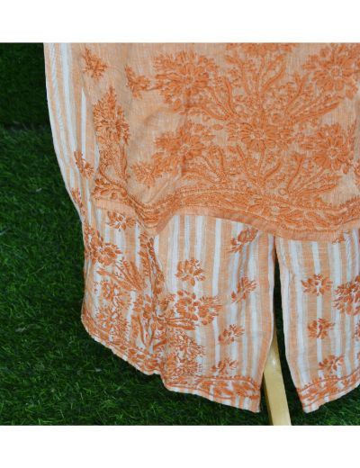 Chhangamal Hand Embroidered Womens Orange Colour Cotton Chikankari Kurta set