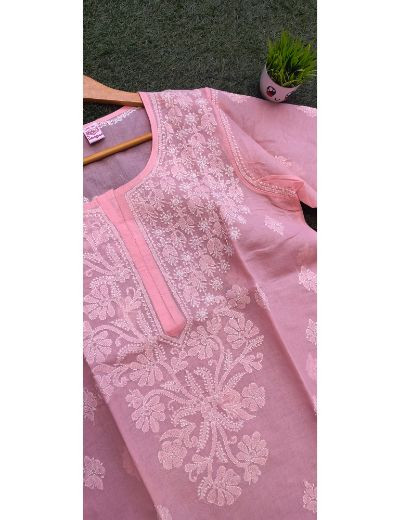 Chhangamal Hand Embroidered Womens Peach Colour Cotton Chikankari Kurti