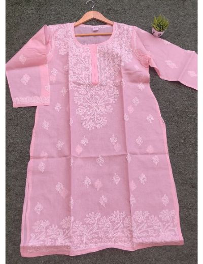Chhangamal Hand Embroidered Womens Peach Colour Cotton Chikankari Kurti