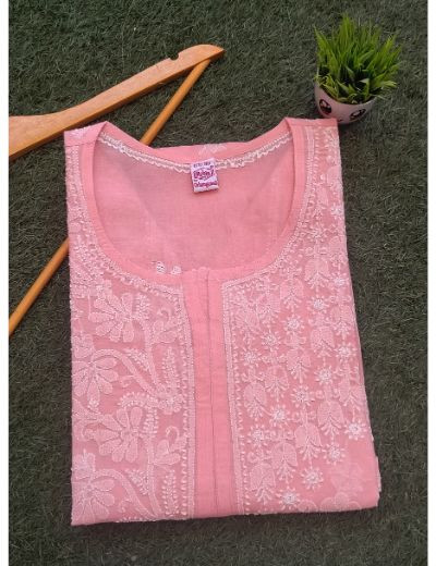 Chhangamal Hand Embroidered Womens Peach Colour Cotton Chikankari Kurti