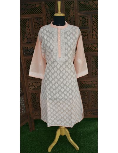 Chhangamal Hand Embroidered Womens Peach Colour Cotton Chikankari Kurti