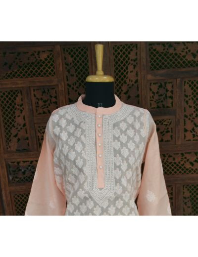 Chhangamal Hand Embroidered Womens Peach Colour Cotton Chikankari Kurti