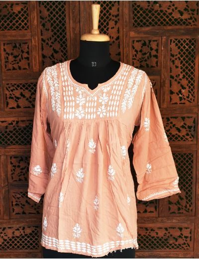 Chhangamal Hand Embroidered Womens Peach Colour Modal Chikankari Top