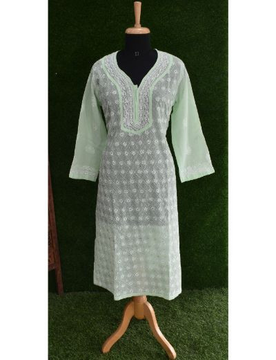 Chhangamal Hand Embroidered Womens Piatachio Green Colour Cotten Chikankari Kurti