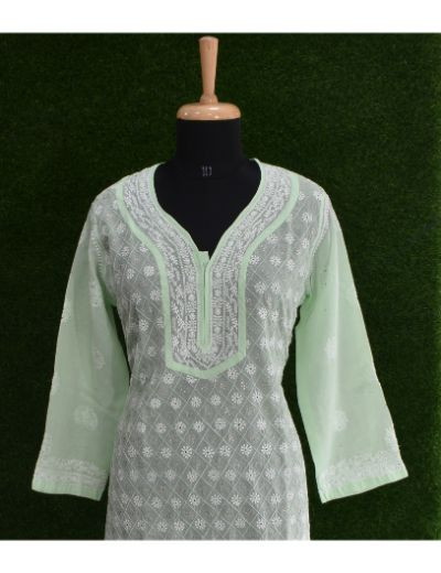Chhangamal Hand Embroidered Womens Piatachio Green Colour Cotten Chikankari Kurti