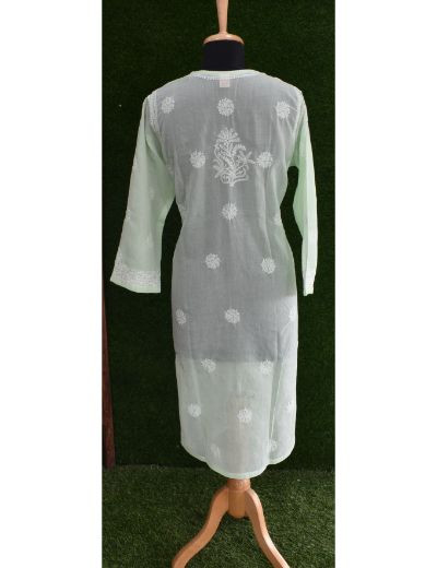Chhangamal Hand Embroidered Womens Piatachio Green Colour Cotten Chikankari Kurti