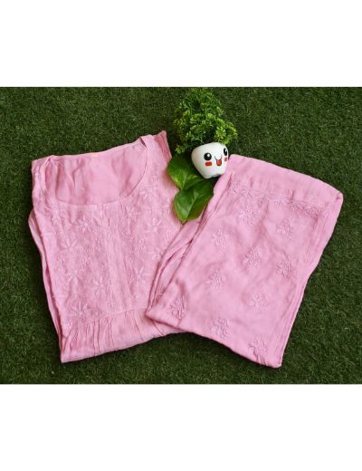 Chhangamal Hand Embroidered Womens Pink Colour Chanderi Chikankari Kurta set