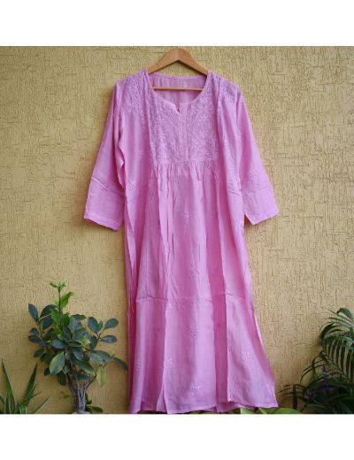 Chhangamal Hand Embroidered Womens Pink Colour Chanderi Chikankari Kurta set
