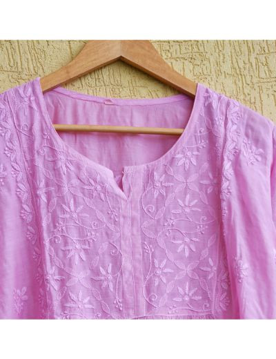 Chhangamal Hand Embroidered Womens Pink Colour Chanderi Chikankari Kurta set