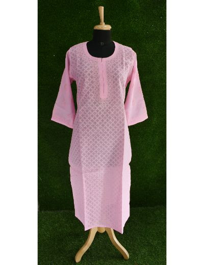 Chhangamal Hand Embroidered Womens Pink Colour Cotten Chikankari Kurti