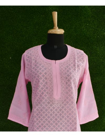 Chhangamal Hand Embroidered Womens Pink Colour Cotten Chikankari Kurti