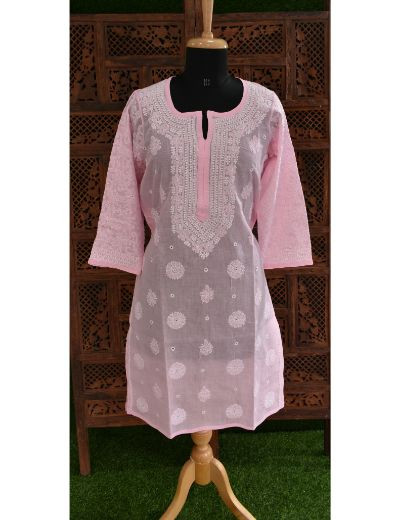 Chhangamal Hand Embroidered Womens Pink Colour Cotton Chikankari Kurti
