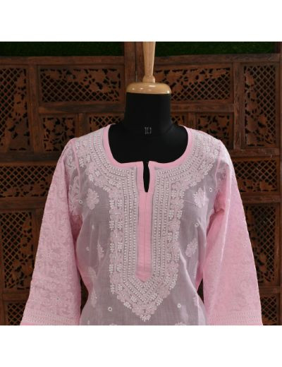Chhangamal Hand Embroidered Womens Pink Colour Cotton Chikankari Kurti