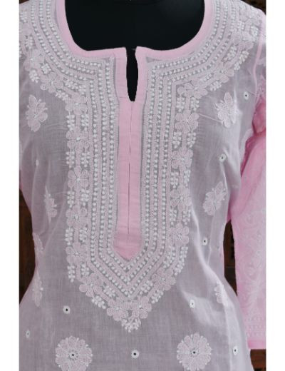 Chhangamal Hand Embroidered Womens Pink Colour Cotton Chikankari Kurti