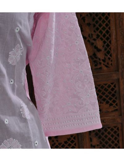 Chhangamal Hand Embroidered Womens Pink Colour Cotton Chikankari Kurti