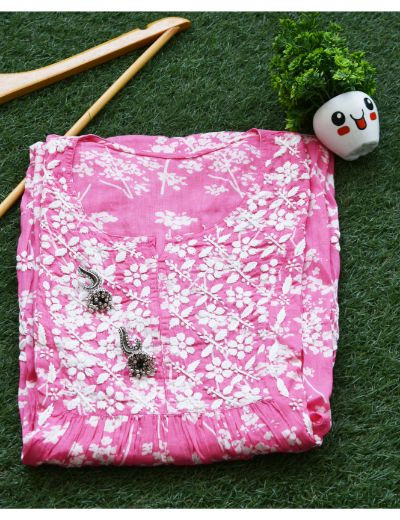 Chhangamal Hand Embroidered Womens Pink Colour Cotton Chikankari Kurti