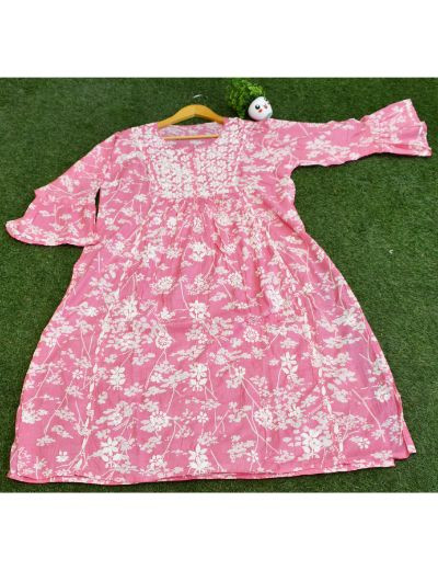 Chhangamal Hand Embroidered Womens Pink Colour Cotton Chikankari Kurti