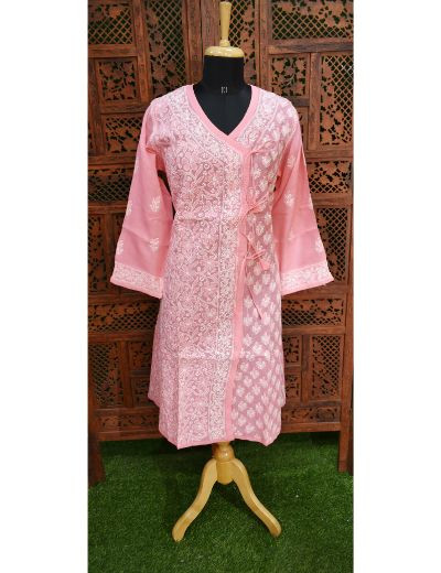 Chhangamal Hand Embroidered Womens Pink Colour Cotton Chikankari Kurti Angrakha Style