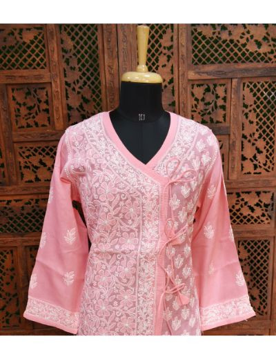 Chhangamal Hand Embroidered Womens Pink Colour Cotton Chikankari Kurti Angrakha Style
