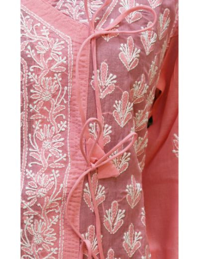 Chhangamal Hand Embroidered Womens Pink Colour Cotton Chikankari Kurti Angrakha Style