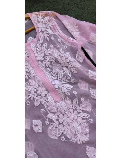 Chhangamal Hand Embroidered Womens Pink Colour Faux Georgette Chikankari Kurti