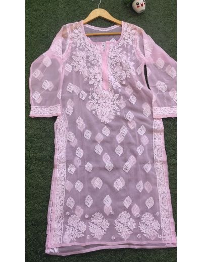 Chhangamal Hand Embroidered Womens Pink Colour Faux Georgette Chikankari Kurti